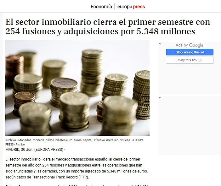 El sector inmobiliario cierra el primer semestre con 254 fusiones y adquisiciones por 5.348 millones